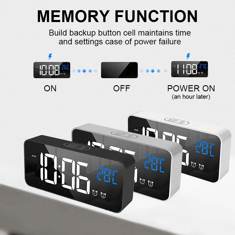 Мульти Функция светодиодный зеркальный будильник часы звук сигнала тревоги с