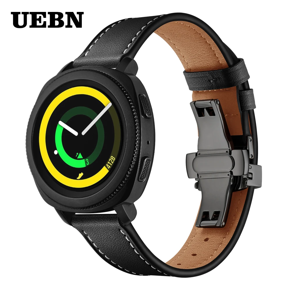 

UEBN 20mm Black Butterfly clasp Leather Band for Samsung Galaxy Watch 42mm Active 2 Bracelet Strap for Gear S2 Sport watchband