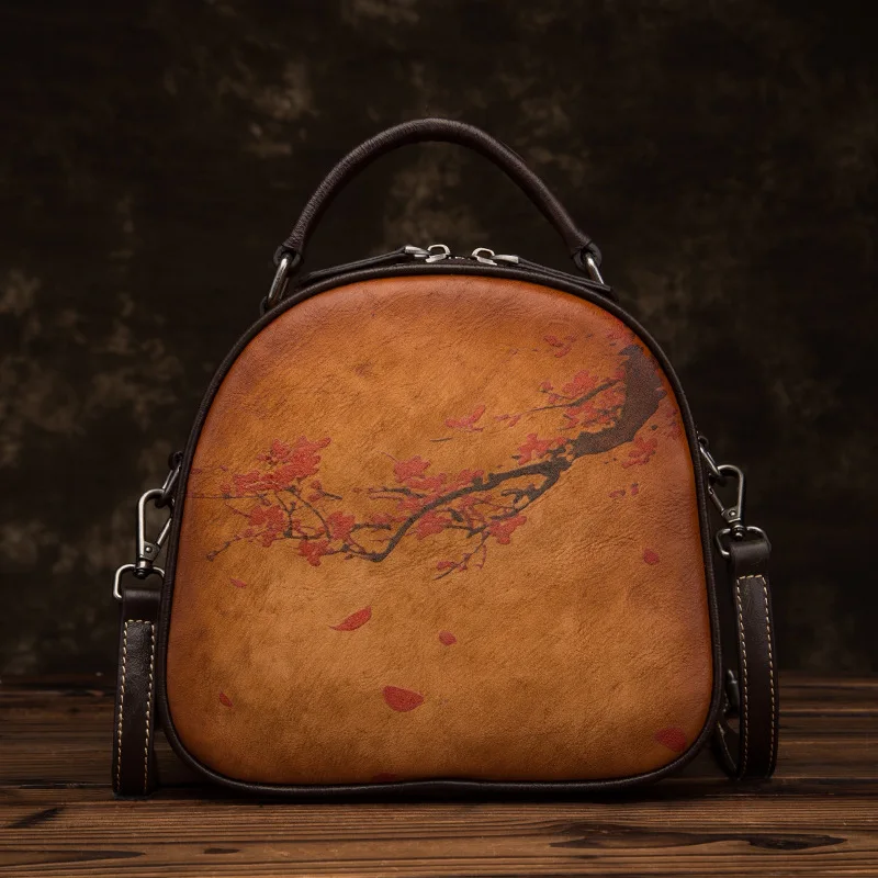 New Retro Women's Shoulder Bag Plum Blossom Series First Layer Cowhide Fashion Casual Diagonal Portable