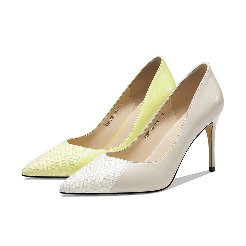 

ISNOM Genuine Leather High Heels Shoes Woman Stilettos Pumps Pointed Toe Ladies Pumps Thin Heel Shoes Women Mixed Color