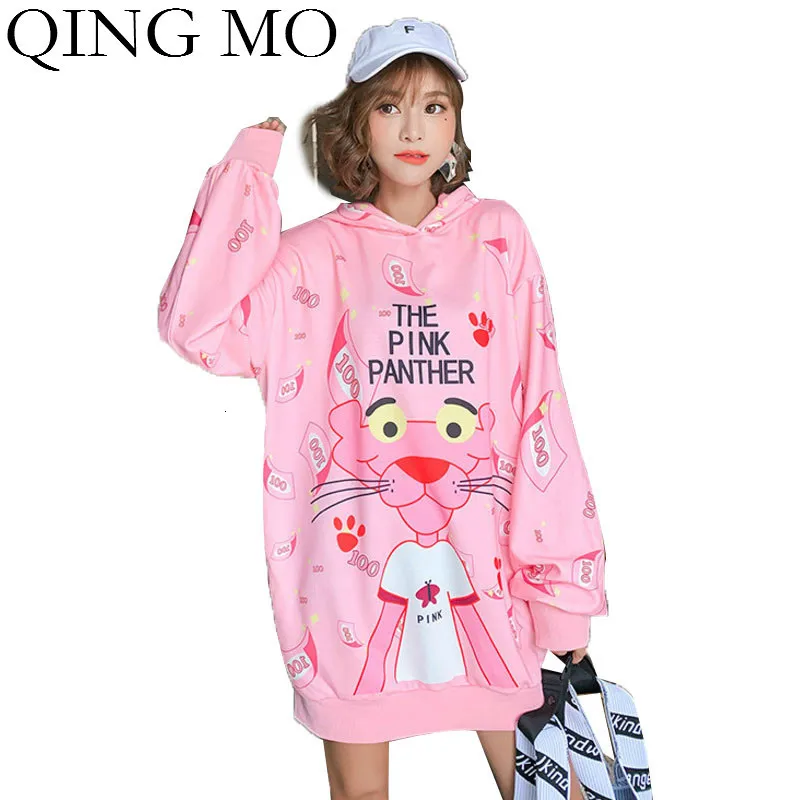 QING MO Розовая пантера женские пуловеры толстовка повседневный стиль свободный
