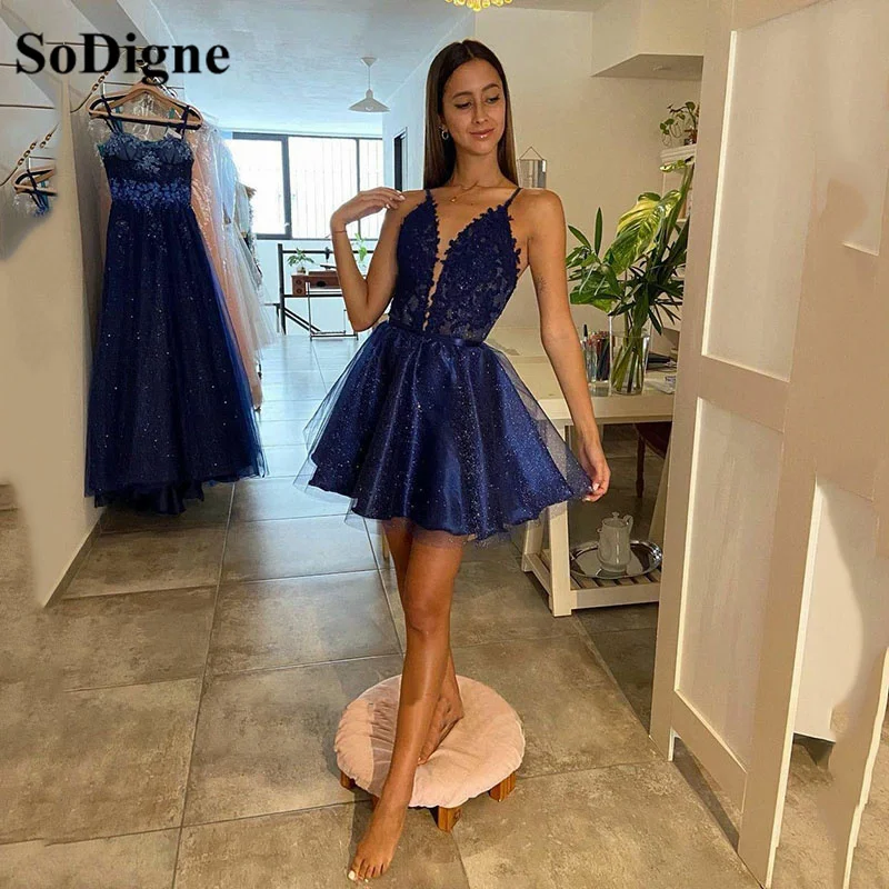 SoDigne – robe de bal courte à paillettes bleu marine, col en V, Sexy, robe de soirée, robe de Cocktail pour femmes  (0)