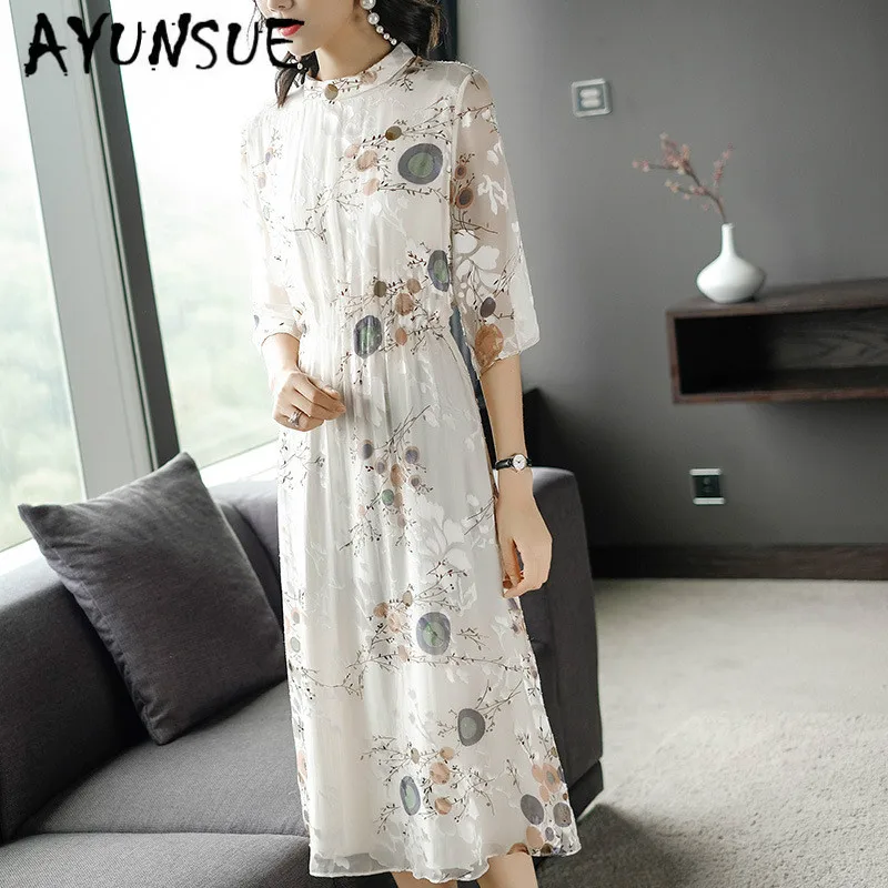 

Real Silk Dress Women Spring Summer Dress Korean Vintage Print Beach Dress Elegant Party Dress Woman Vestidos Mujer 72247 YY2757