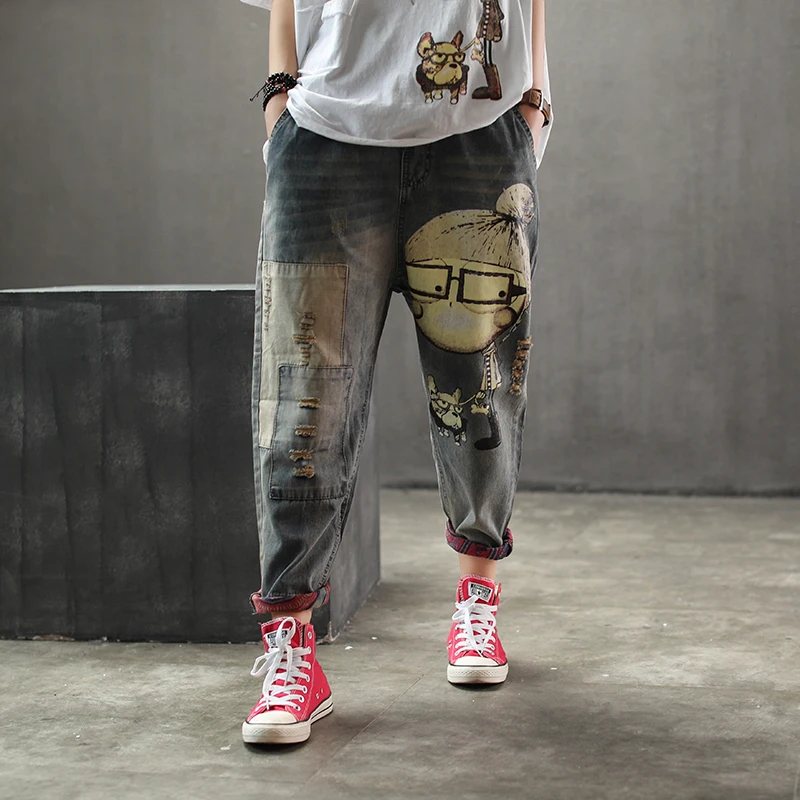 

Women Spring Autumn Fashion Brand Vintage Cartoon Dog Little Girl Print Denim Jeans Female Casual Frayed Harem Pants Trousers