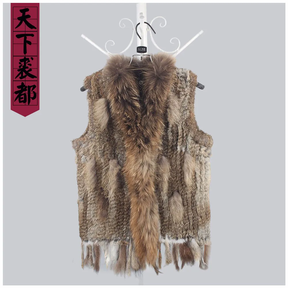 Женский вязаный жилет с мехом кролика вечерний воротником из меха енота | Женская