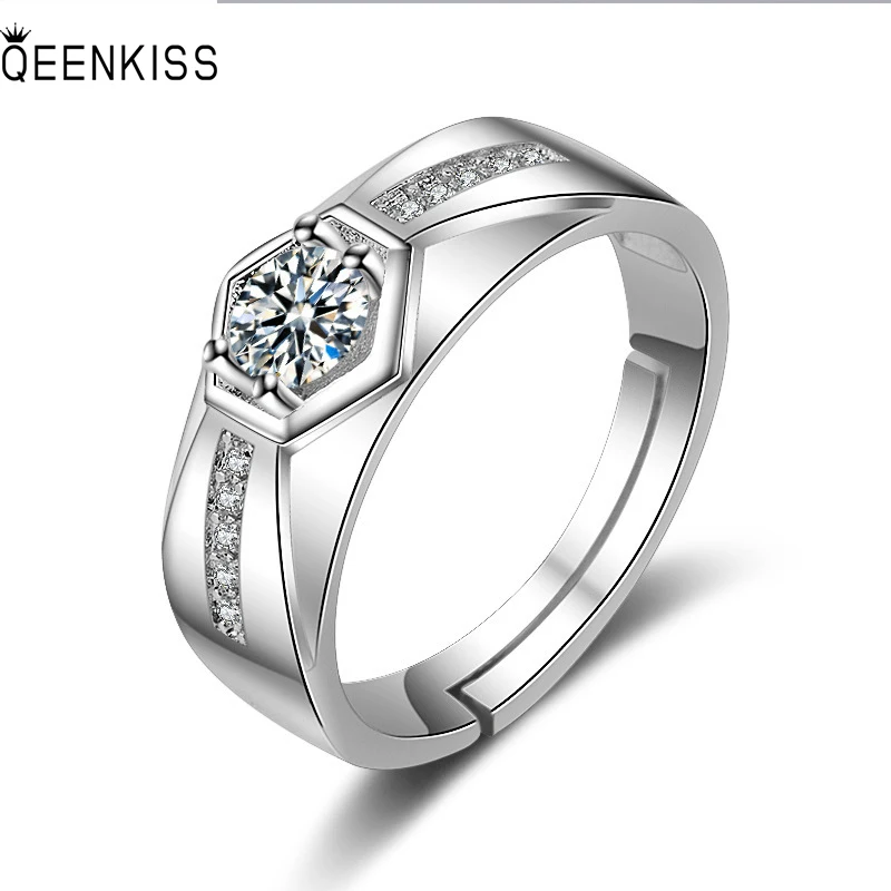 

QEENKISS RG6599 Fine Jewelry Wholesale Fashion Man Father Birthday Wedding Gift Hexagon AAA Zircon 18KT White Gold Open Ring