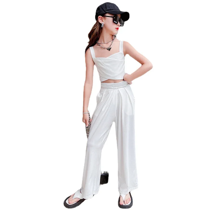 2022 Summer New Casual Outfit Girls Solid White Vest Tops+ Straight Pants 2pcs Set Teenage Children Stylish Elegant Clothing Set