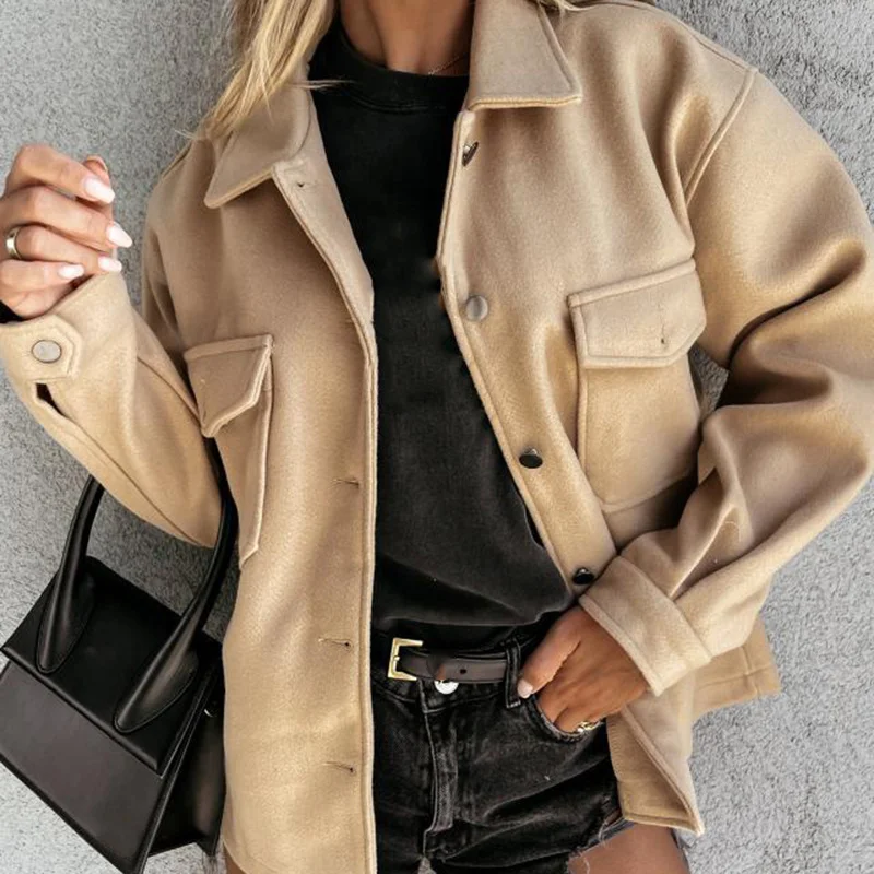 

Fall/Winter Lapel Coat with Chest Pocket Single-breasted Thick Solid Color Shirt Loose Coat for Women A66