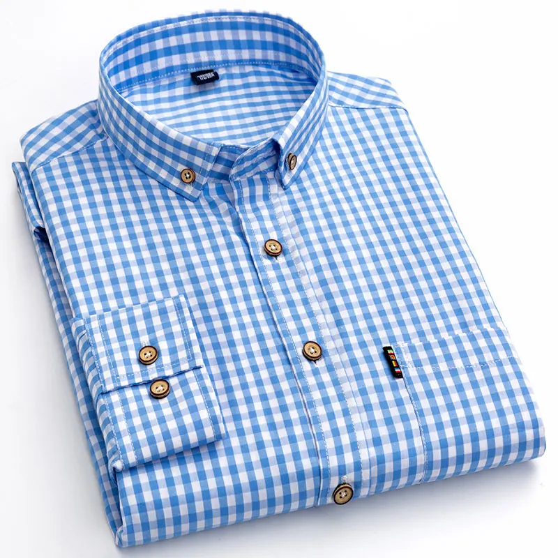 Kcoyster весенние мужские рубашки в клеточку с длинным рукавом Gingham повседневные рубашки для мужчин Slim Fit тонкие легкие в мелкую клетку мужская одежда - Цвет: Dark Blue