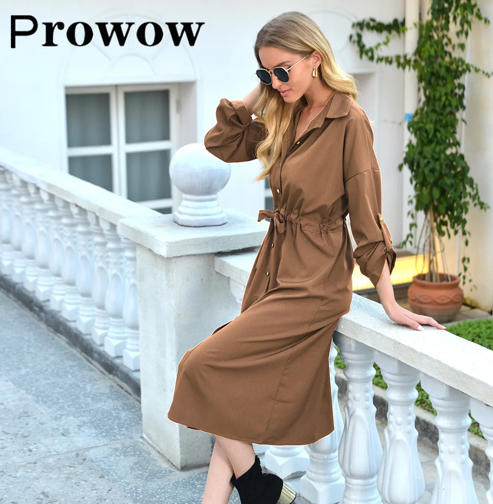 

Prowow Autumn Winter Women Solid Long Sleeve Single breasted Shirt Dress Ladies Casual Streetwear Turn Collar Slim Dresses S-2XL