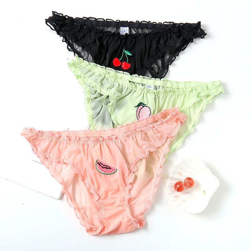 Женские прозрачные трусы с вышивкой фруктов кружевное нижнее белье сексуальное