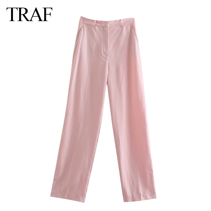 

TRAF Women's Pants Za Fashion Temperament High-waist Side Pocket Zipper Solid Color Wild Straight Elegant Commute Ladies Pants