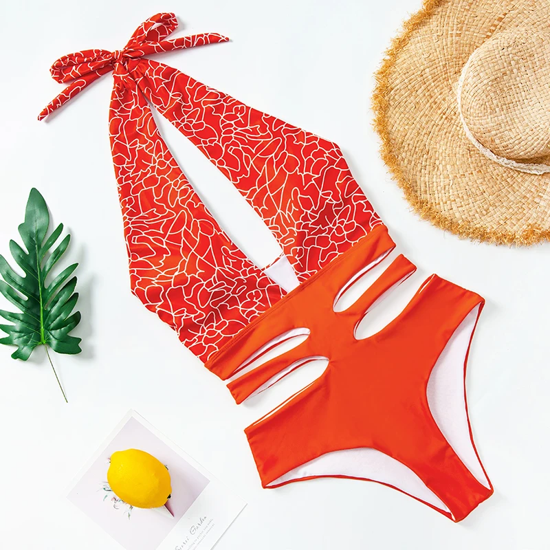 

Sexy Print Swimwear 2021 New One Piece Suit V Neck Swimsuit Bathing Swim Wear Hanging Neck Cross Swimming For Women Suits Summer