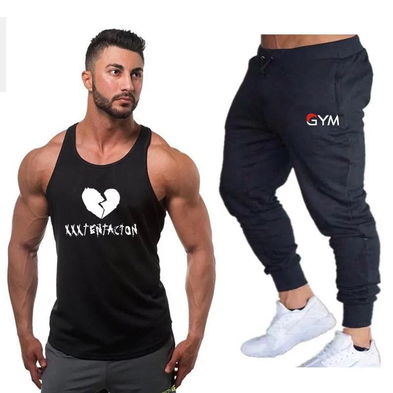 

Лето 2019, мужской жилет XXXTentacion + мужские брюки, одежда для спортзала из двух предметов, хлопковая майка, мужской костюм для фитнеса без рукаво...