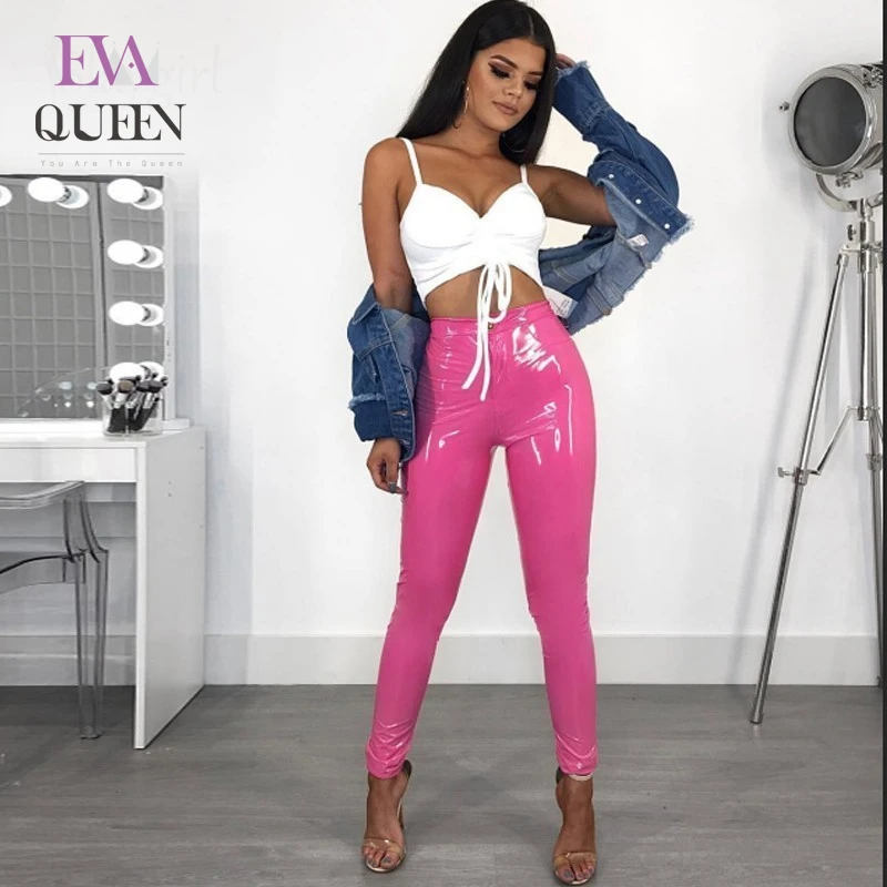 Женские обтягивающие брюки EvaQueen черные штаны из искусственной кожи с высокой