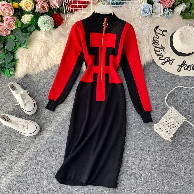 Женское осенне зимнее трикотажное платье свитер трапециевидной формы с длинными