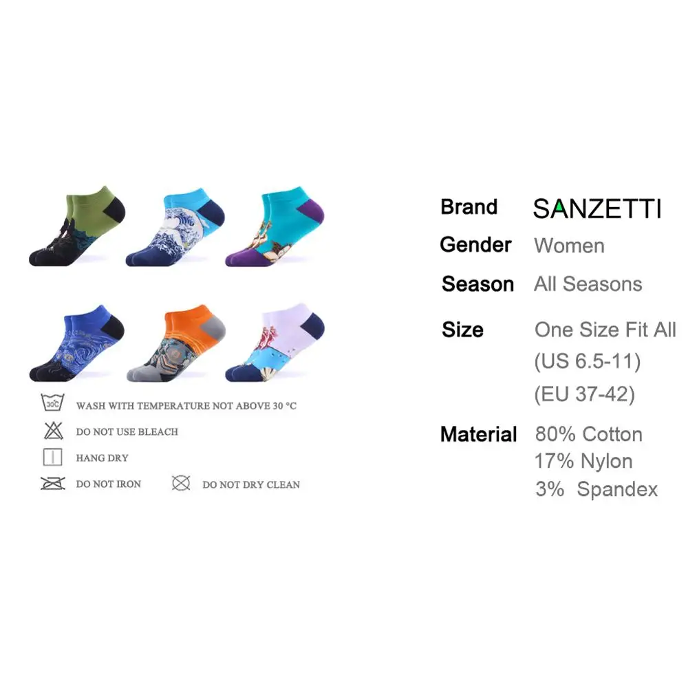 SANZETTI/6 пар/лот, женские дышащие повседневные носки из чесаного хлопка, короткие носки в стиле хип-хоп Harajuku, носки-лодочки