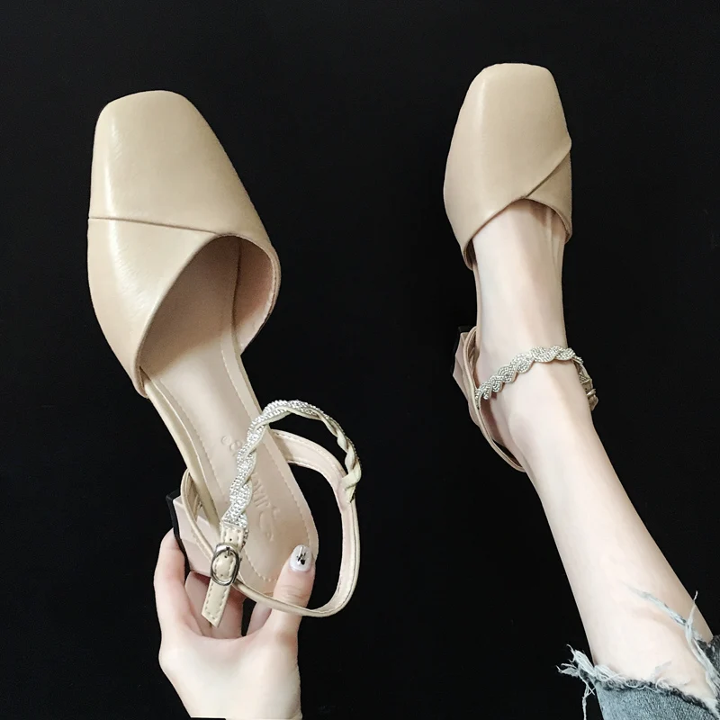 

Buckle Strap 2021 Sandals Espadrilles Platform All-Match Med Block Heels Ladies Shoes Summer Square Toe Suit Female Beige New Hi