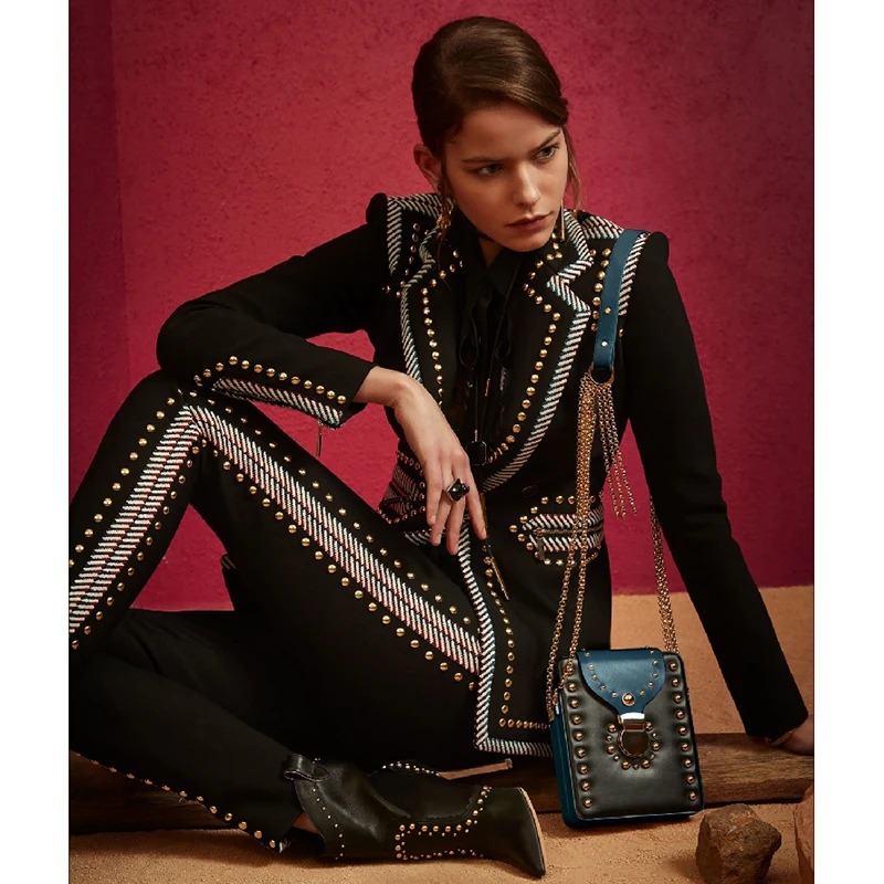HIGH STREET Новый стильный 2020 Подиум костюм набор женские заклепки ленты Блейзер