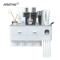 toothbrush holder wall mount magnetic adsorption inverted toothpaste dispenser makeup storage rack for bathroom accessories set