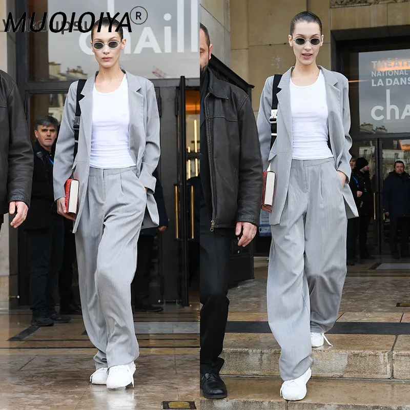 

Женский деловой костюм Bella Хадид, комплект из 2 предметов, блейзер и свободные брюки, элегантный формальный костюм, брючный костюм