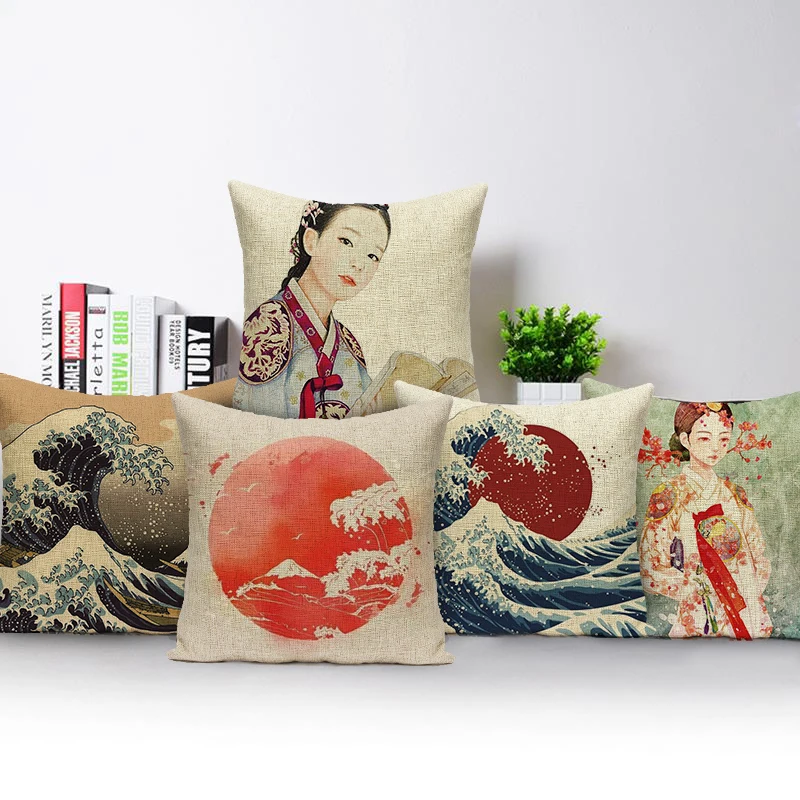 

Vintage Decorative Cushion Covers Japanese Style Sea Waves Sunrise Pillow Cover Decor For Home Custom Sofa Bed Pillowcase