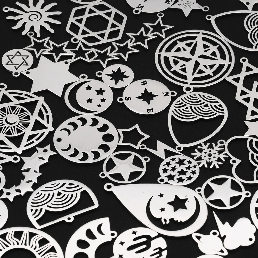 

50pcs/lot Mix Designs Stainless Steel Star Moon Sun DIY Pendant Charms Connector Wholesale Bracelet Making