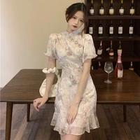 retro improved cheongsam 2021 new stand collar ruffle slim fit slimming floral short sleeve dress for women summer lolita dress