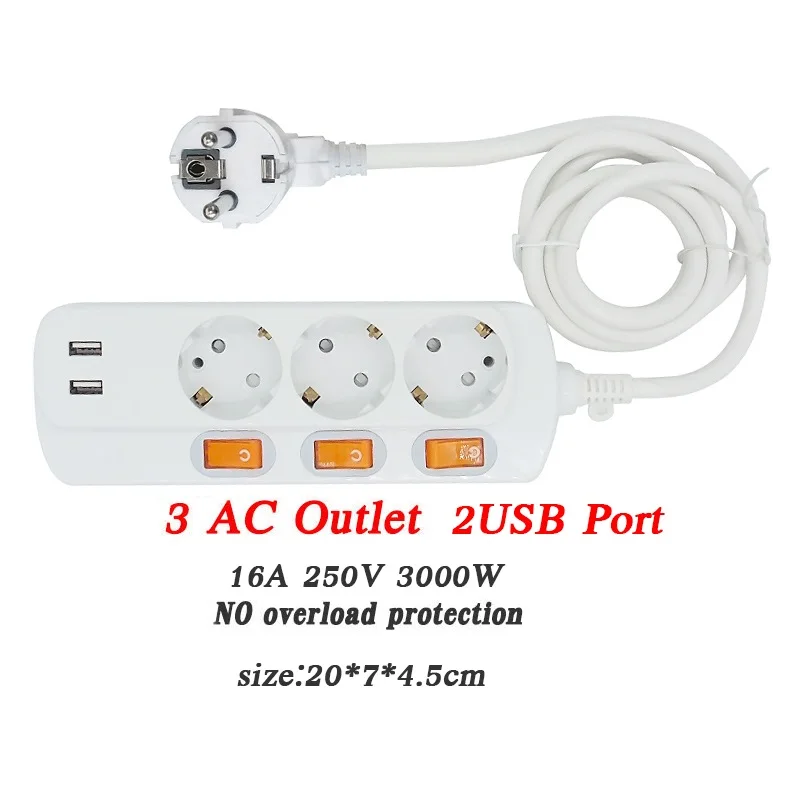 3AC 2USB Штепсельная вилка европейского стандарта, 6 розеток, мощность 250 в 16 А, силовая лента, штепсельная вилка европейского стандарта, штепсельная вилка, сетевой адаптер, удлинитель 1,5 м 2,5 м Независимый выключатель - Цвет: 3AC 2USB