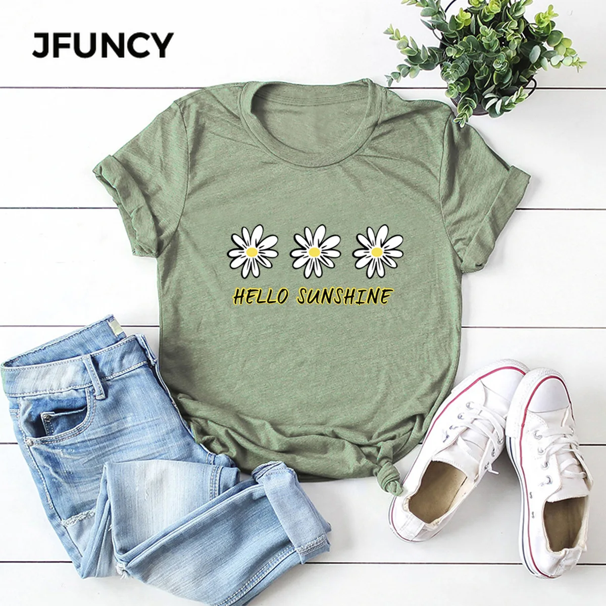 JFUNCY Hello Sunshine New Sunflowers T-shirts Women Summer Cotton Tee Shirts Woman Short Sleeve Tops  Casual T Shirt