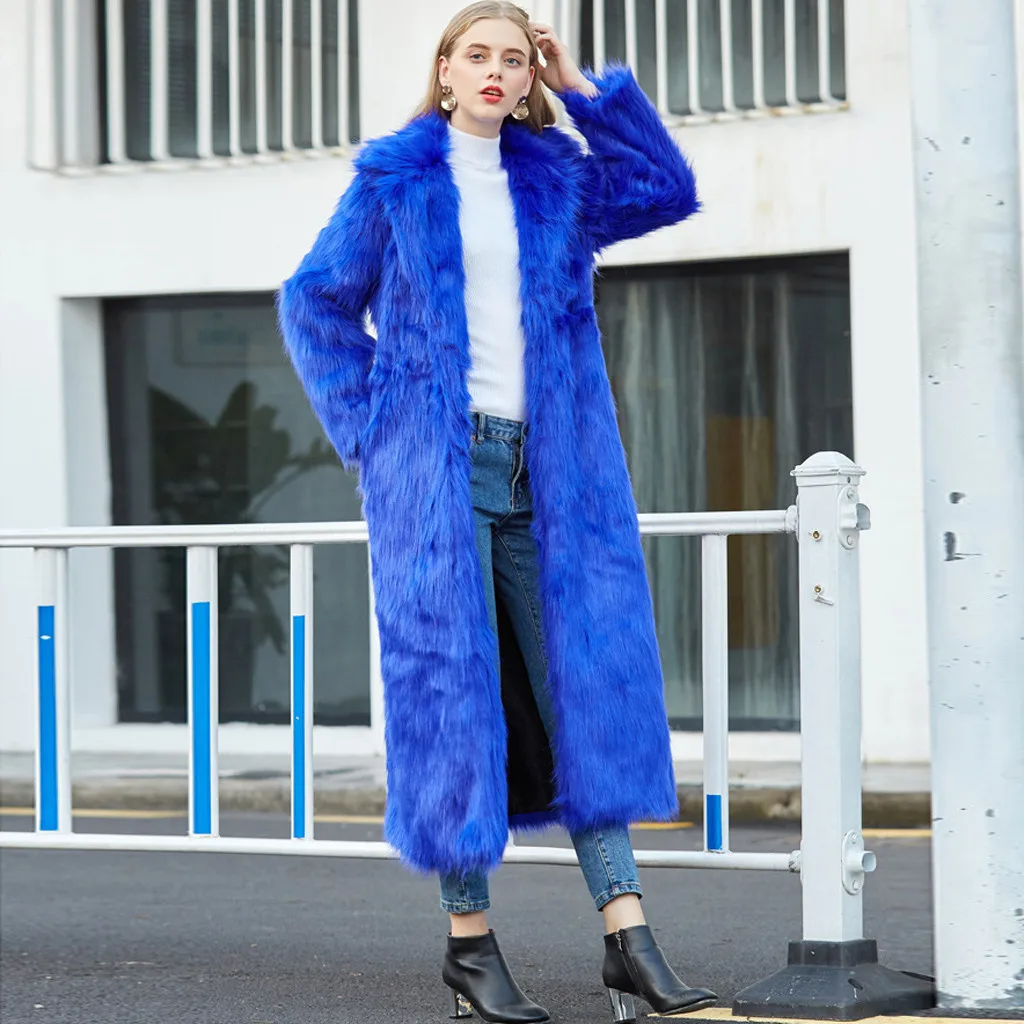 Ladies Faux Fur Wool Lamb Long Coat Fashion Women Outwear Long Sleeves Warm Coat Plush Jacket Long Overcoat Solid Plus Size