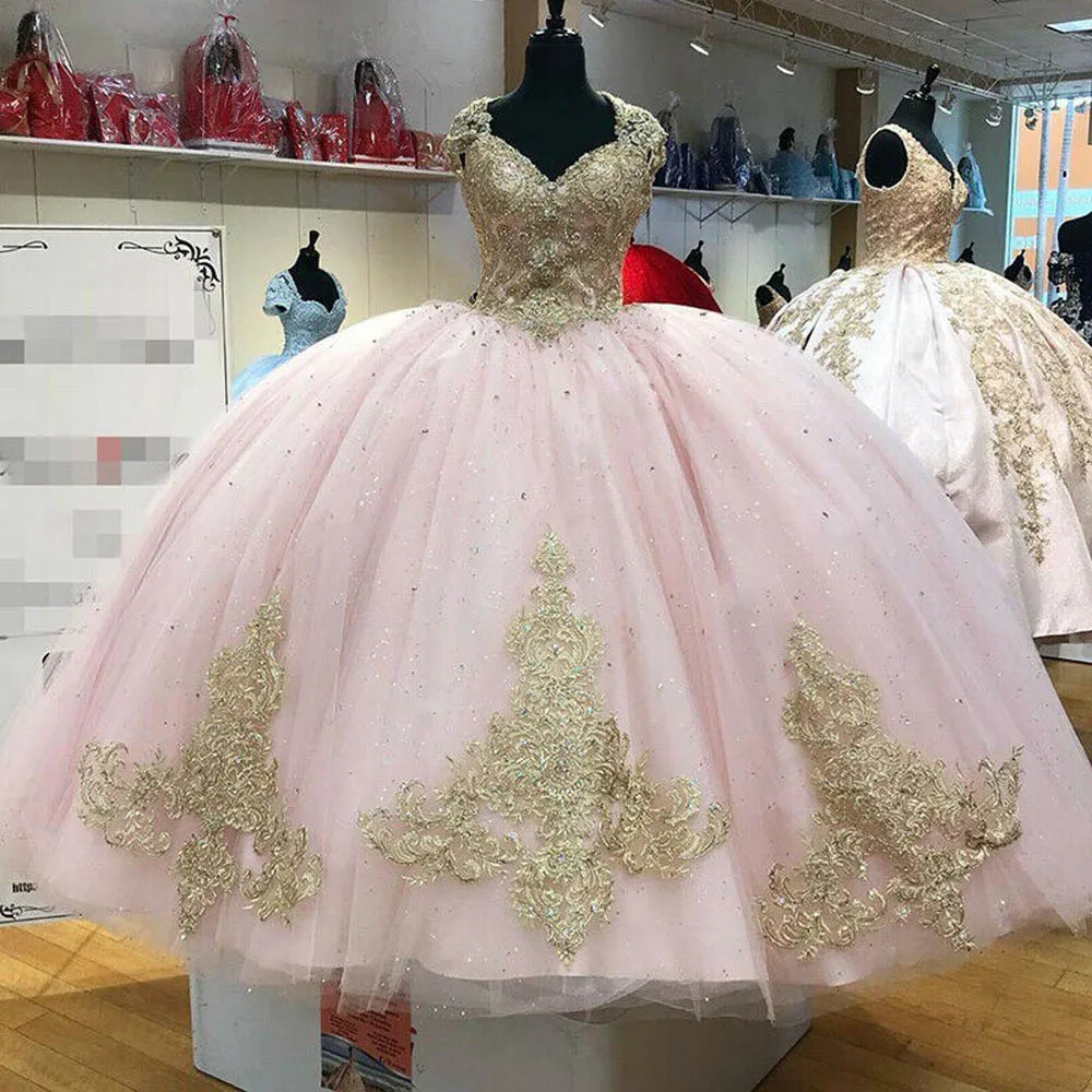 

Длинные розовые платья Quinceanera с золотыми кружевами на 16 лет, бальные платья, женское корсет, платье на спине для конкурса, вечевечерние