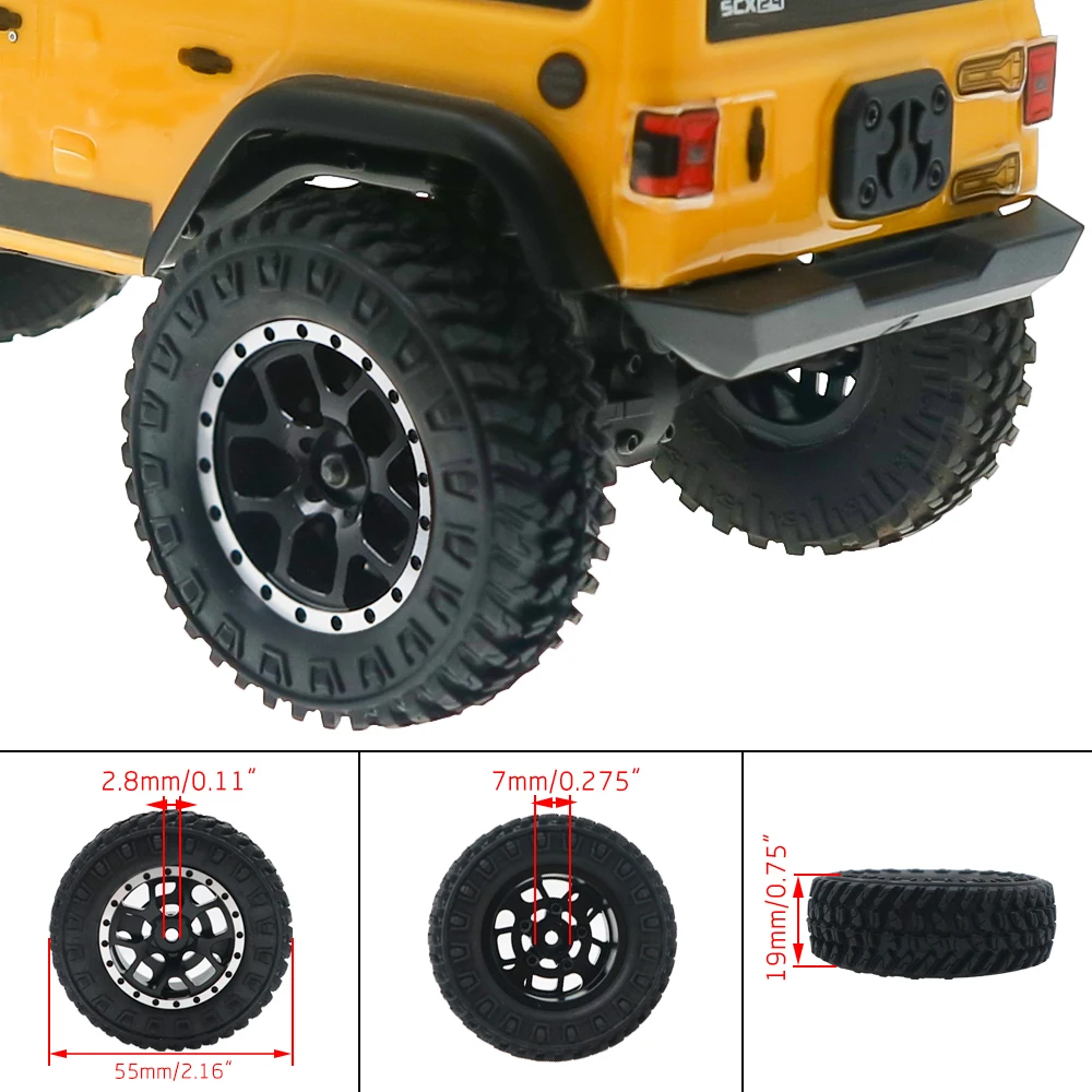 Alloy 4pcs 7mm hex wheel rim+rubber tire 1.3”wheel bead lock style no glue needed for Axial 1-24  SCX24 Panda tetra etc crawlers