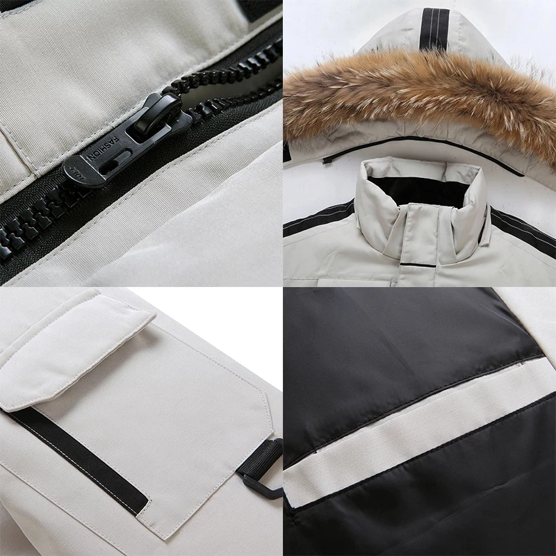 Men's Mid-length Down Jacket Coats Winter Fashion Warm Hooded Thick Parka Men Removable Cap  90% White Duck Down Overcoat
