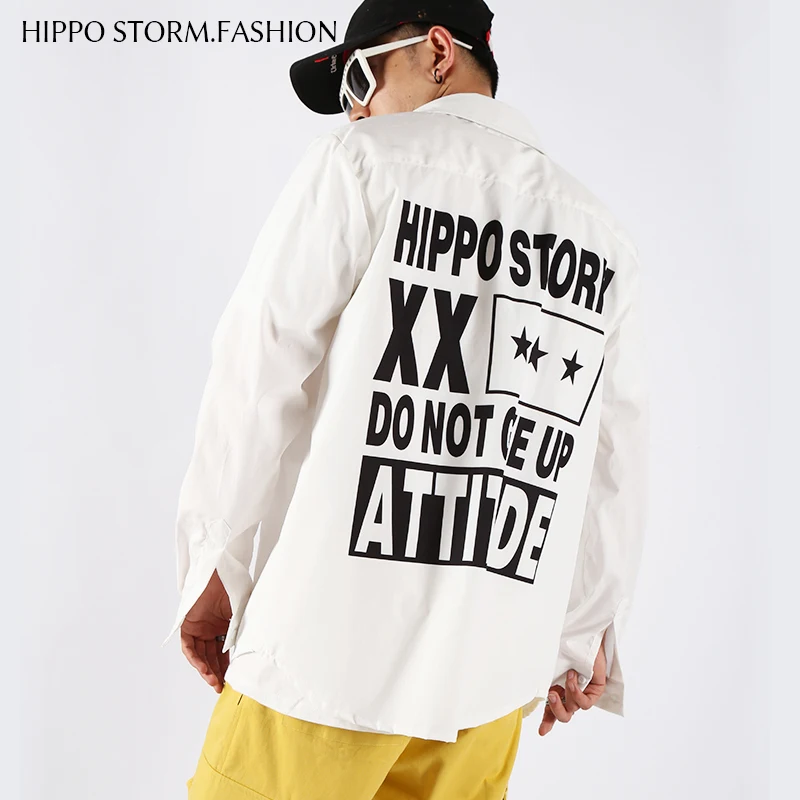 White shirt printed long-sleeved shirt personality tide men's shirt solid color shirt Korean nightclub shirt