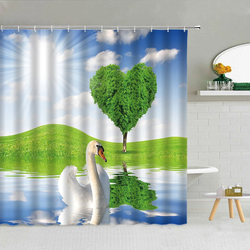 

Spring Flowers Field Scenery Shower Curtains Green Plant Tree Floral Blue Sky Sunny Swan Waterproof Bath Decor Hooks Curtain Set