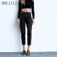 doujili casual wearing black trousers high waist long leg high waist with zipper pocket women pants
