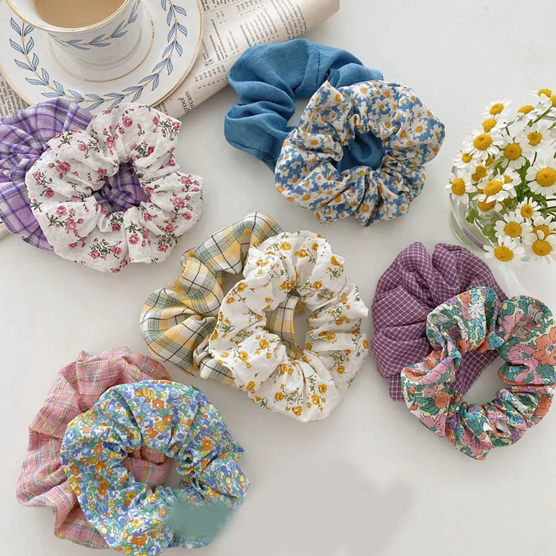 

Women Floral Plaid Hair Scrunchies Vintage Wild Hair Ring Elastic Rubber Band Girls Fashion Ponytail Scrunchie