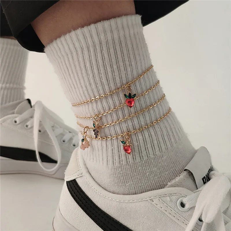 

Simple Personality Metal Geometric Foot Ornaments Korean Version Fashion Generous Multi Element Fruit Female Anklet Set Jewelry