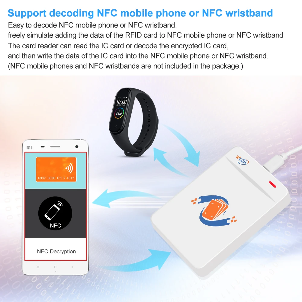 Считыватель / Записыватель RFID ID / IC Duplication Copier Encrypted Card Decoder 125KHz / 13.56MHz Cloner поддерживает NFC Phone / Wristband.