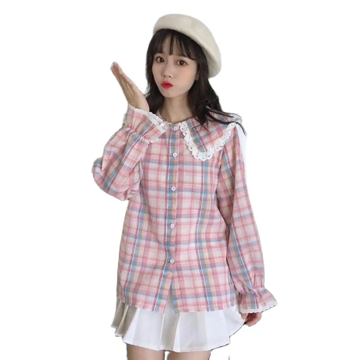 

Kawaii Peterpan Воротник блуза в клетку; Женские туфли «Lolita» Стиль свободная Кружевная футболка школьница модная одежда