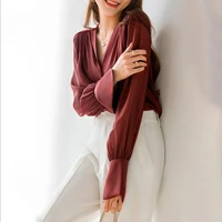 new 100 silk blouse top women high quality v neck black shirt wine red office lady wear fashion clothing summer autumn