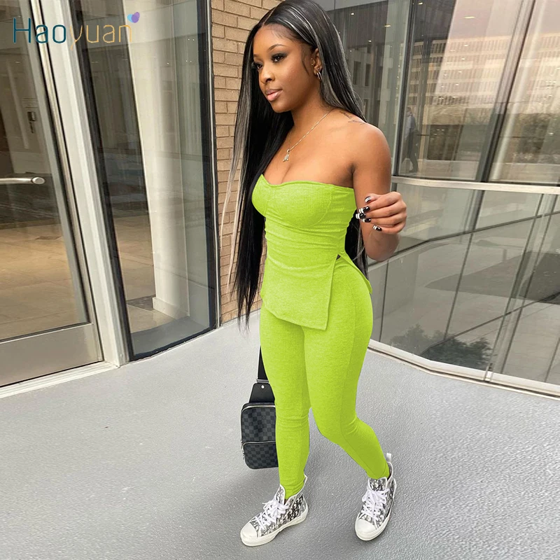 

HAOYUAN Knitted Summer Vacation Outfits Strapless Side Split Tops Bodycon Pants for Women Sexy Clubwear 2 Piece Matching Sets