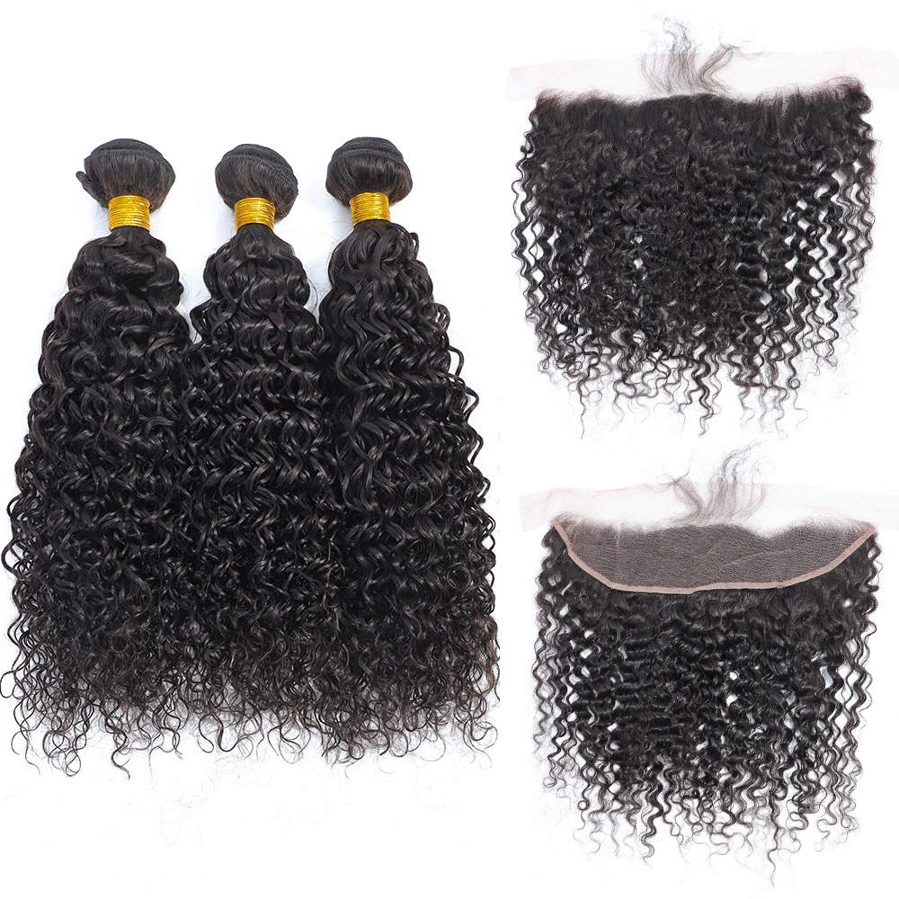 Малазийские вьющиеся волосы 3 пряди с фронтальной застежкой на сетке 13x4 пучки