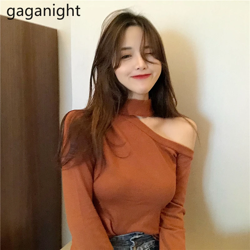 Gaganight Chic Women Sexy Sweater Solid Bottom Pullover Slim Off Shoulder Knitted Lady Korean Pull Femme Fashion Sweaters | Женская