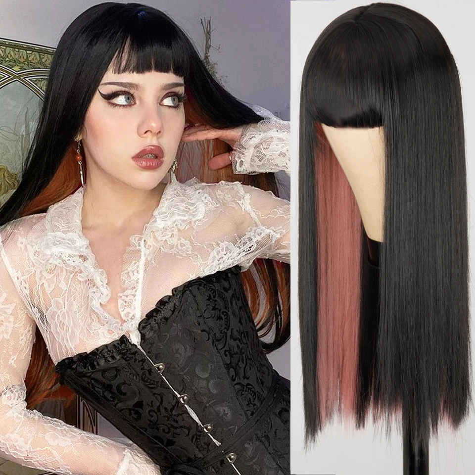 

Pink and Black Wig Two layers of Wigs Long Straight hair Cosplay Wig Two Tone Ombre Color Women Synthetic Hair Wigs Lolita Wig