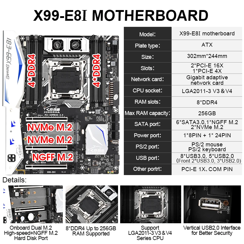 JINGSHA X99 E8I материнская плата Поддержка Intel Ксеон E5 LGA2011-3 DDR4 память ECC REG NVME USB3.0 блок