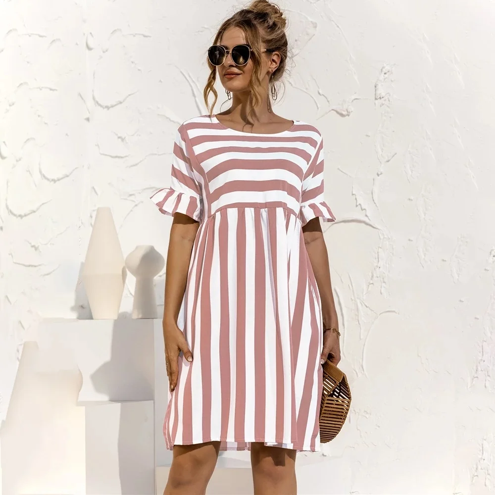 

2021 Summer Women A Line Dress Elegant Ruffle Sleeve Striped Patchwork Dresses Loose Solid Short Sleeve Pocket Dress Vestidos