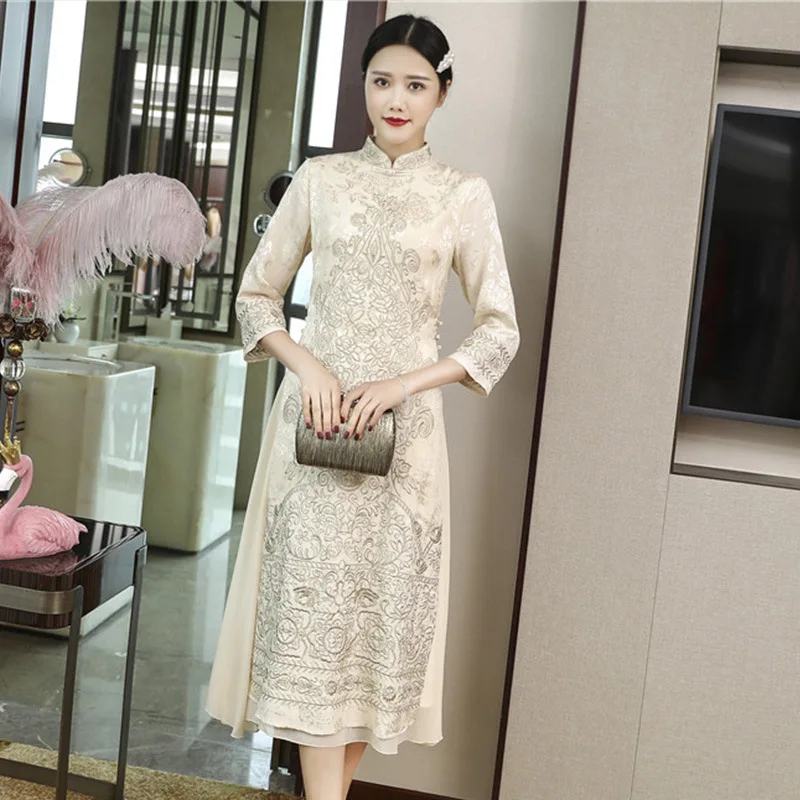 

Chinese Style Dress Women Fine Jacquard Embroidered Mandarin Collar 3/4 Sleeve Retro Classy Beige Formal Dress Midi S-XXL