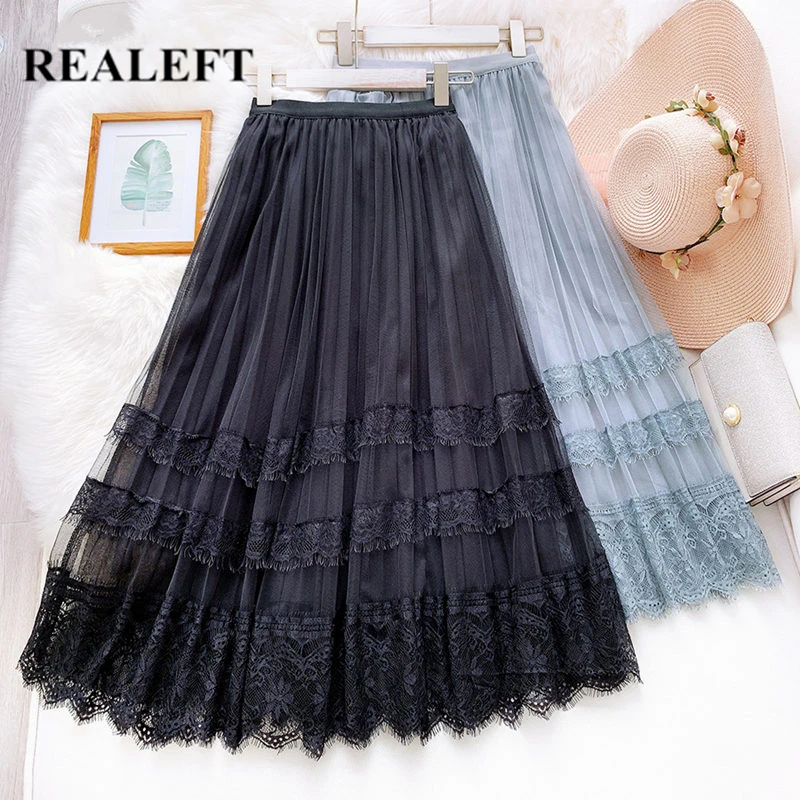 REALEFT весна лето 2020 новые кружевные лоскутные сетчатые трапециевидные юбки